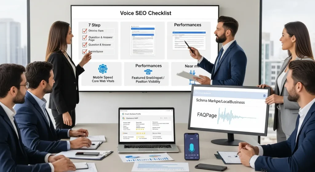 team reviewing a voice seo checklist with local results and mobile speed metrics