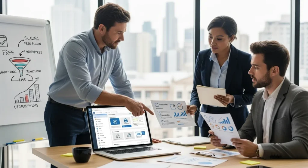 7 Best Free LMS Options For WordPress (And How To Pick The Right One) 2 team reviewing a wordpress lms course setup on a laptop in a modern office