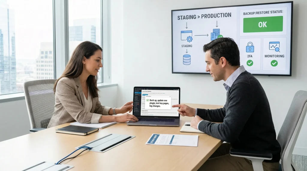 How To Maintain A WordPress Site Without Technical Expertise 2 team reviewing a wordpress maintenance checklist on a laptop in office