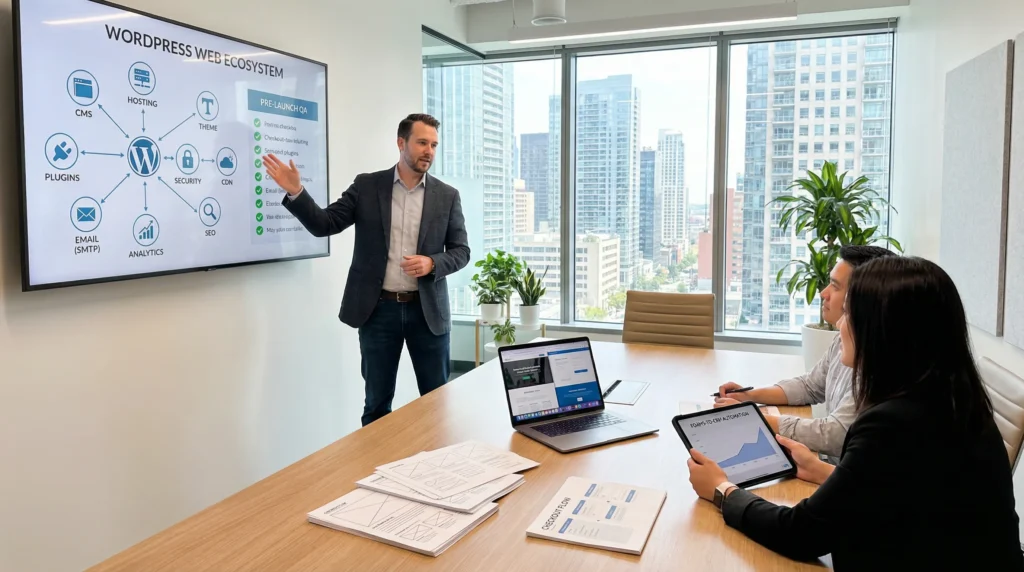 WordPress Web: What It Is, What To Build, And How To Launch It Safely 2 team reviewing a wordpress web system checklist on a conference room screen