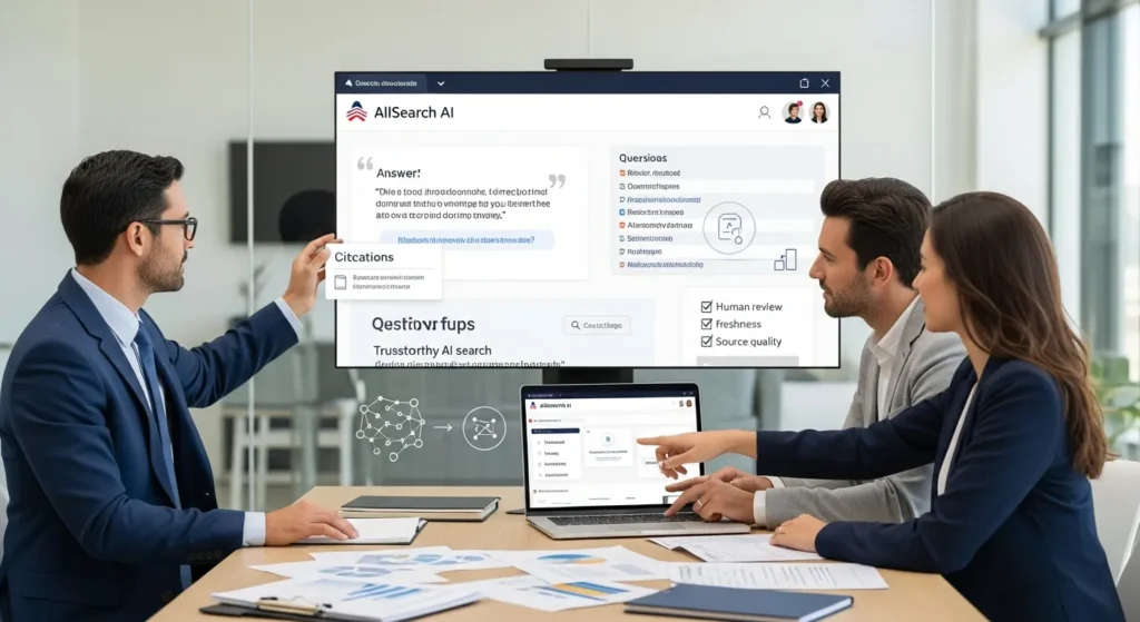 team reviewing allsearch ai results with quotes and citations on a monitor