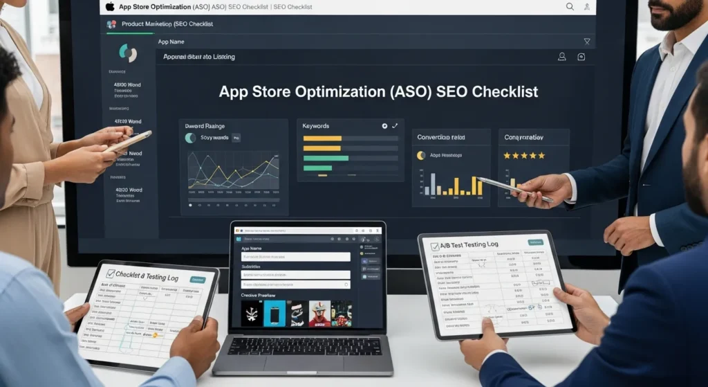 App Store Optimization (ASO) SEO Checklist: A Practical 800-Word Playbook 2 team reviewing an aso seo checklist and app listing metrics in office