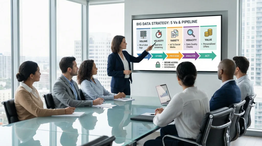 team reviewing big data dashboards and pipeline in a modern office