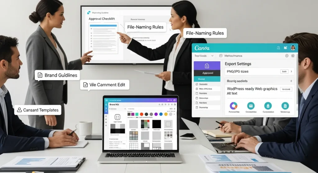 team reviewing canva brand kit templates and approvals for wordpress ready assets