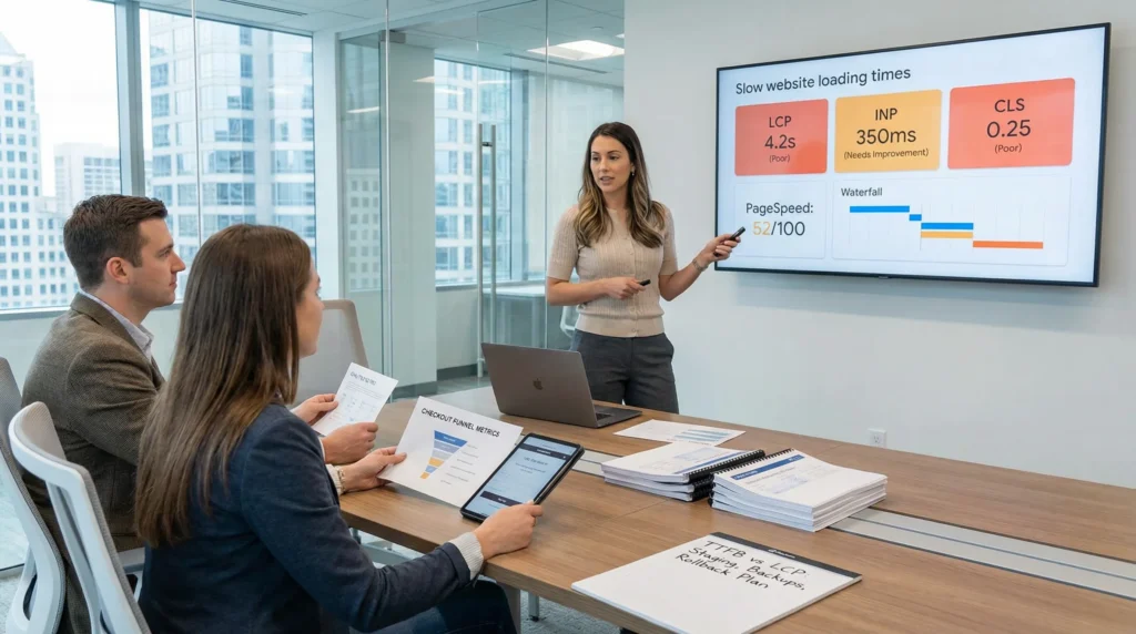 team reviewing core web vitals dashboard to fix slow website loading times