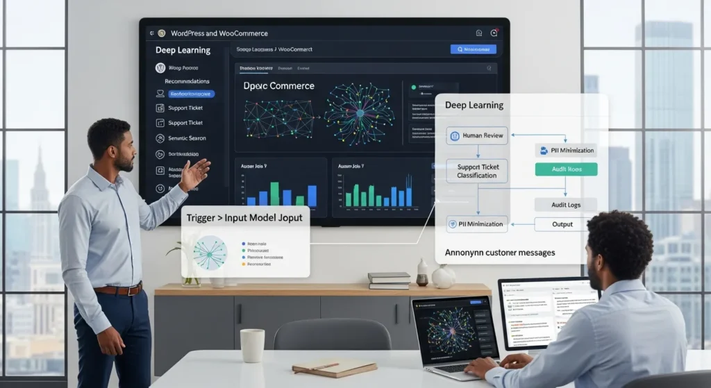 team reviewing deep learning workflow for wordpress in a modern office