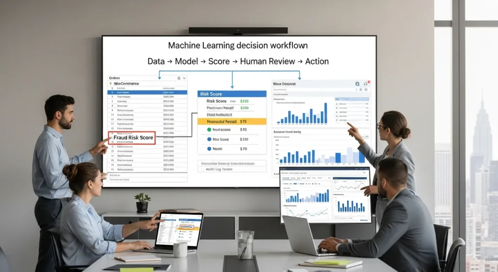 Machine Learning: A Practical Guide For Business Websites And Automations 2 team reviewing machine learning risk scores and workflow dashboard in a modern office