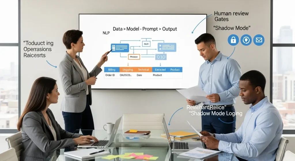team reviewing nlp workflow dashboard for support ticket triage and privacy guardrails