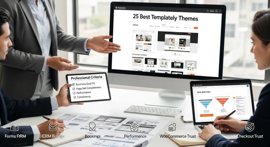 25 Best Templately Themes For Professional WordPress Websites (2026 Picks) 2 team reviewing templately themes in elementor with checklist and performance metrics