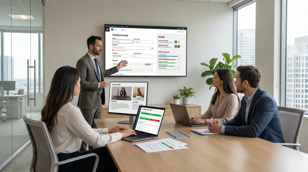 team reviewing wcag checklist and wordpress checkout accessibility on office screens