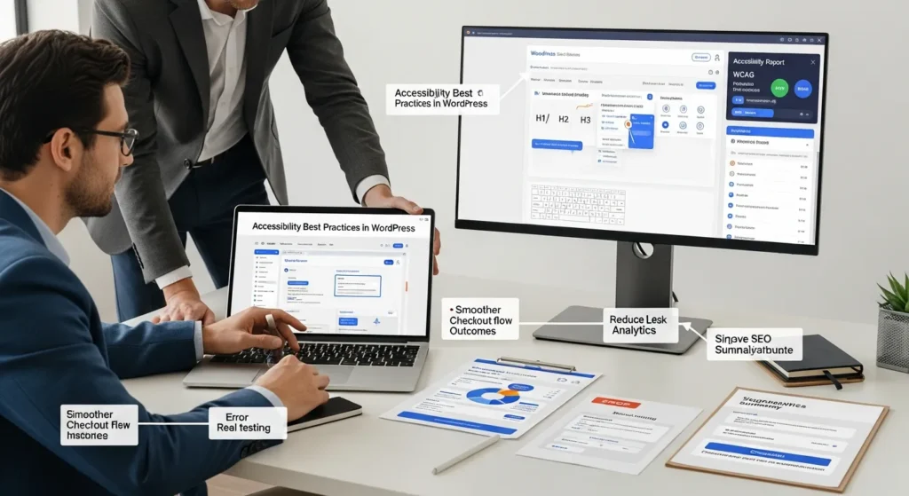 Accessibility Best Practices In WordPress: A Practical, Business-Ready Checklist 2 team reviewing wordpress accessibility checklist and keyboard navigation on screens