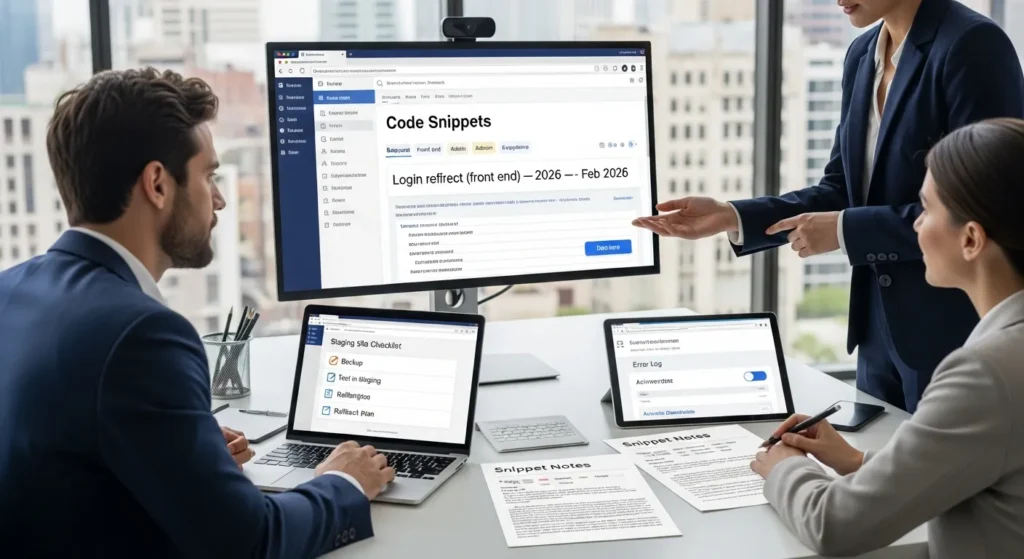 team reviewing wordpress code snippets settings and a staging checklist