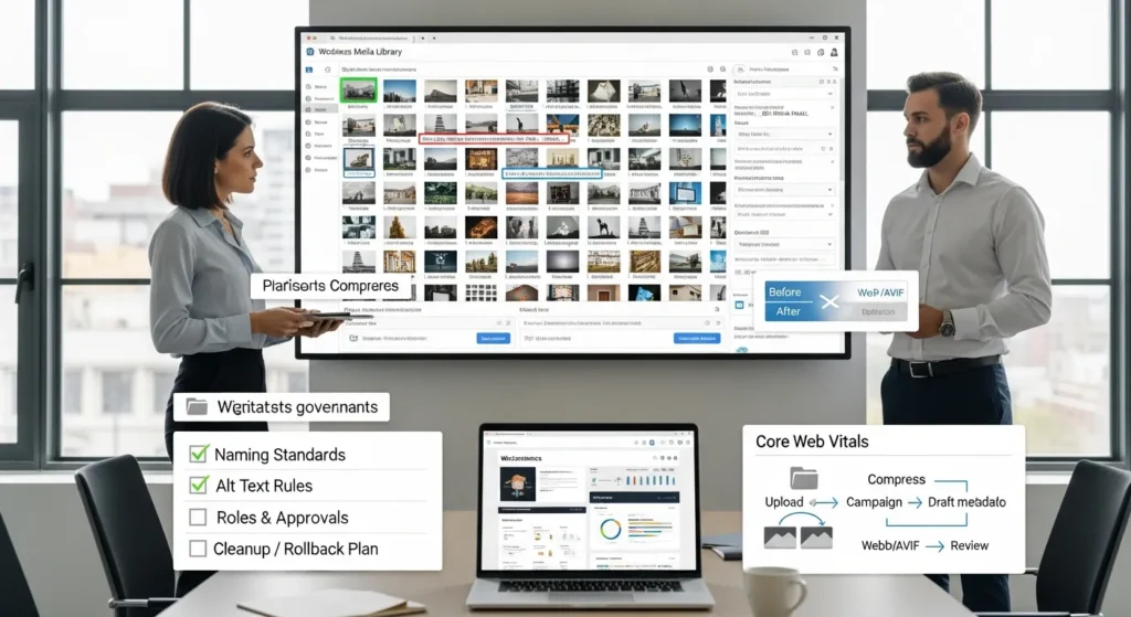 Media Manager WordPress: A Practical Guide To Organizing, Optimizing, And Governing Your Media Library 2 team reviewing wordpress media library cleanup and image optimization workflow in office