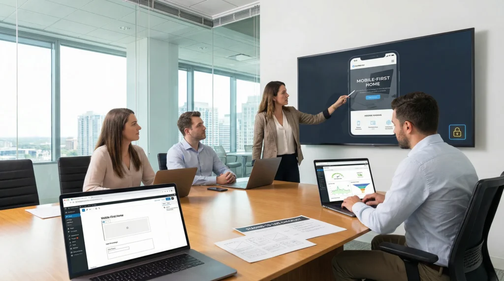 team reviewing wordpress site design speed metrics and seo checklist in office
