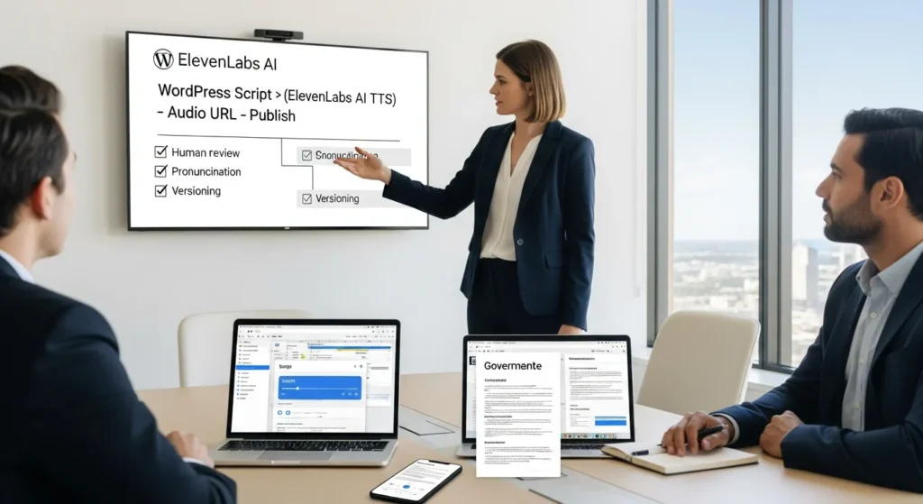 ElevenLabs AI: Practical Voice Generation For Business Content (Without Risky Automation) 2 team reviewing wordpress to elevenlabs ai audio workflow with governance checklist