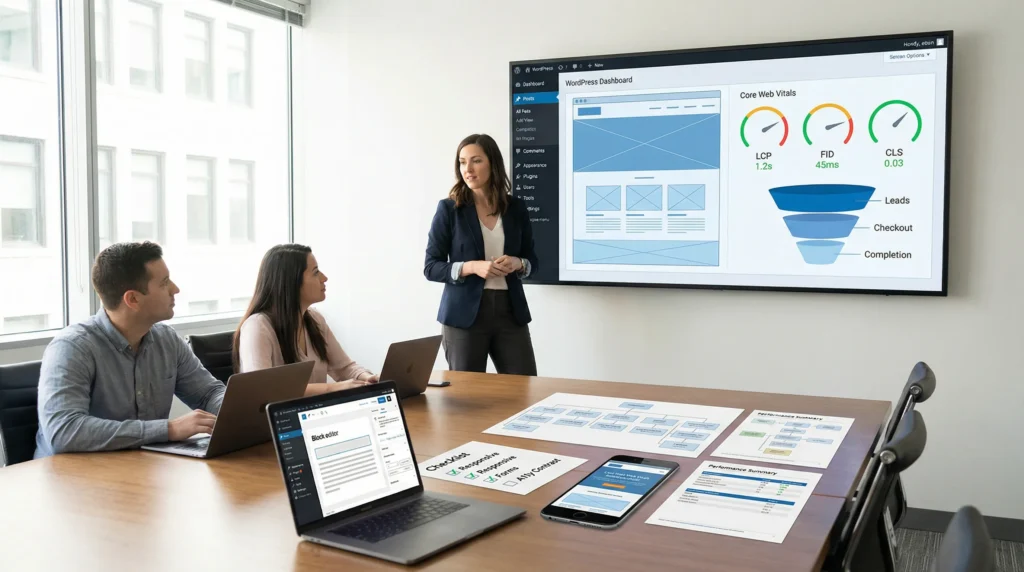 team reviewing wordpress web design performance wireframes and mobile speed in office