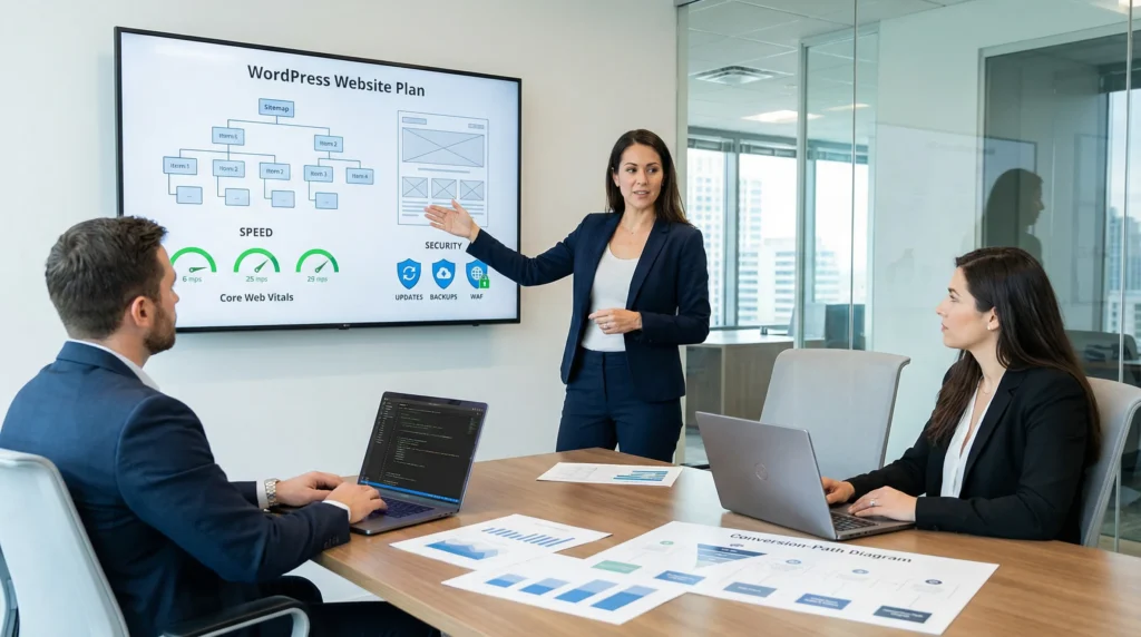 Web Development: A Practical Guide For Building A Business-Ready Website 2 team reviewing wordpress web development plan with performance and security metrics