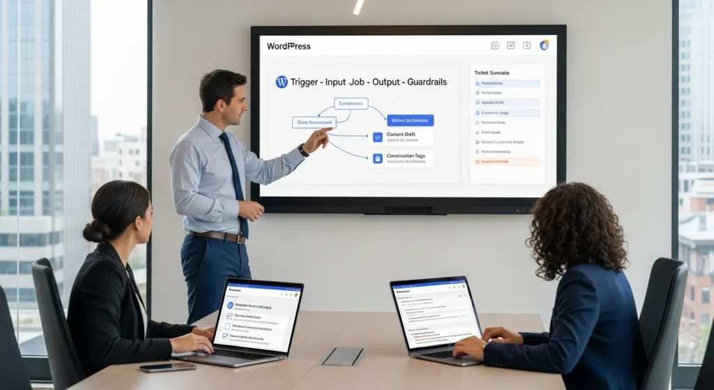 ChatGPT AI: A Practical Guide For Business Use On WordPress (Without The Hype) 2 team reviews a chatgpt ai workflow dashboard in a modern office