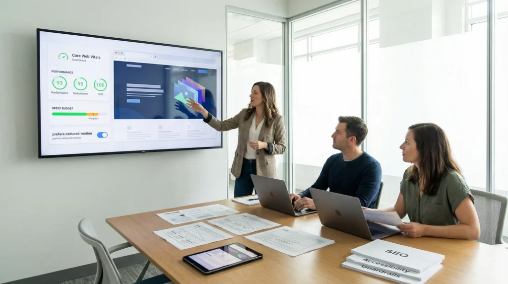 team reviews a parallax scrolling website mockup with speed and accessibility metrics