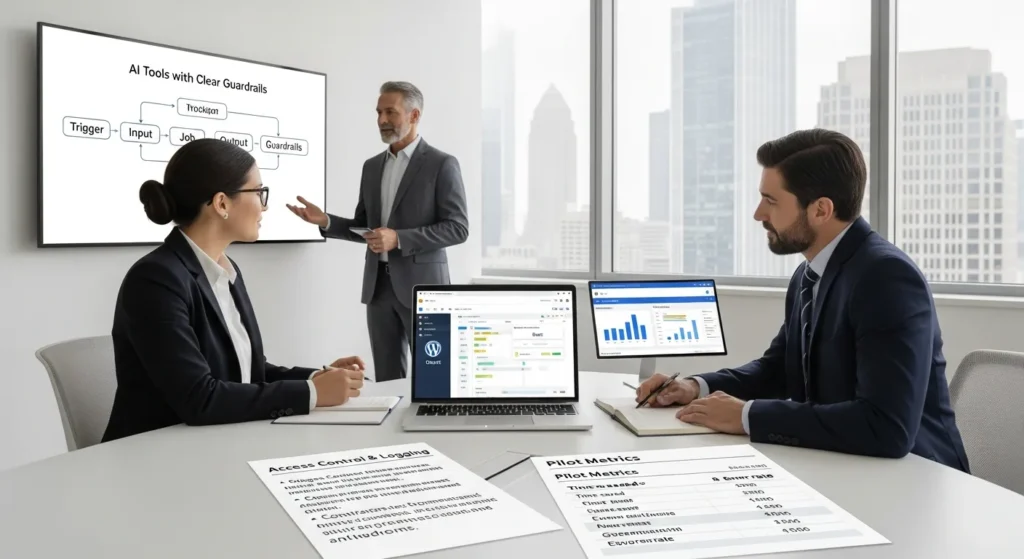 AI Tools: A Practical Guide To Picking, Using, And Governing Them In Your Business 2 team reviews ai tools workflow and guardrails on screens in modern office