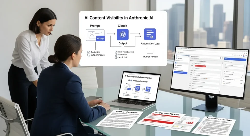 AI Content Visibility In Anthropic AI: What Claude Can See, Store, And Use 2 team reviews claude workflow with wordpress draft controls and data redaction checklist