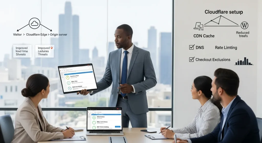 team reviews cloudflare dns caching and security settings on a laptop dashboard
