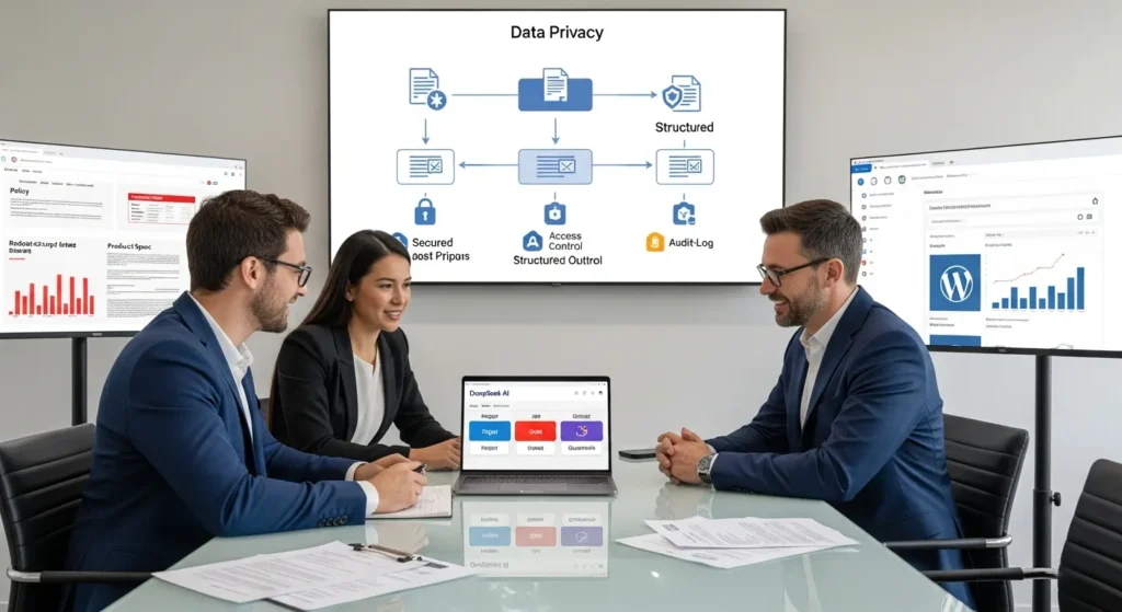 team reviews deepseek ai workflow dashboard with privacy guardrails in modern office