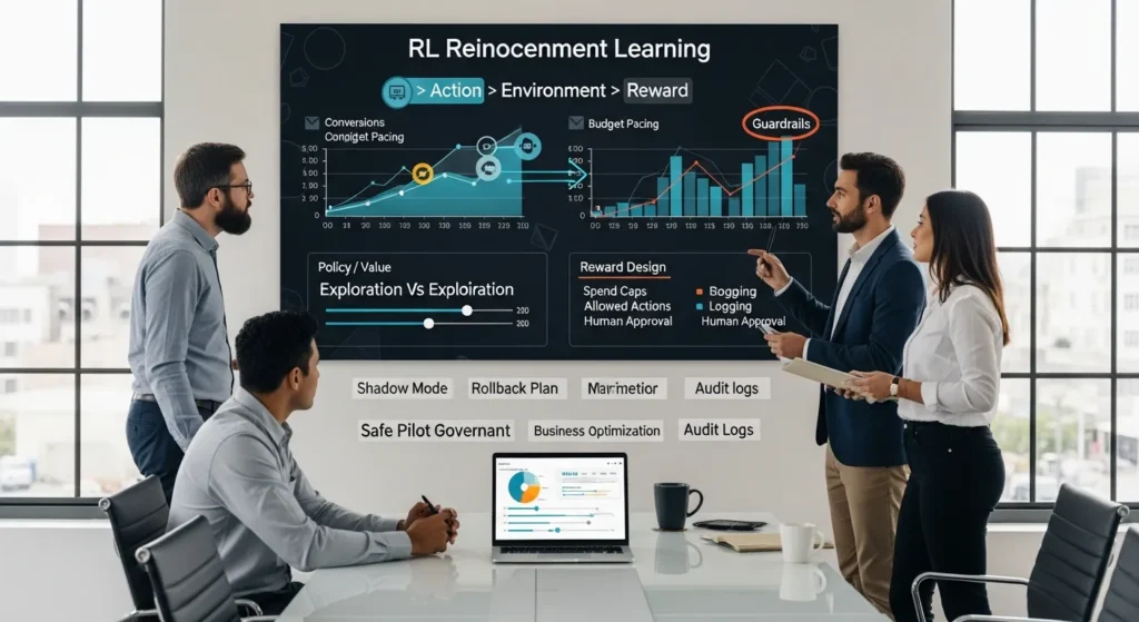 Reinforcement Learning: A Practical Guide For Business Teams 2 team reviews reinforcement learning decision loop dashboard with guardrails in a modern office