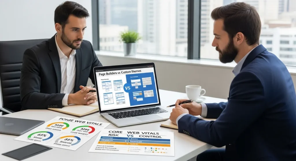 two professionals compare page builders and custom themes with performance charts