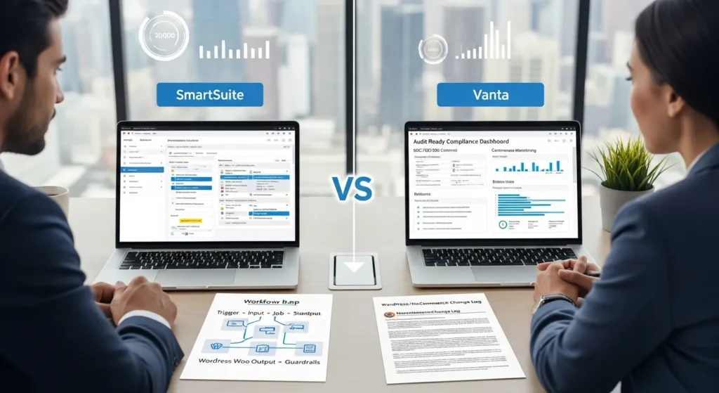 SmartSuite Vs Vanta: Which Platform Fits Your Ops And Compliance Needs? 2 two professionals compare smartsuite workflows and vanta compliance dashboards in a modern office