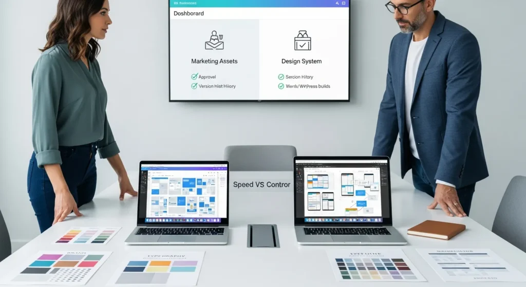 Canva Vs Figma: Which Design Tool Fits Your Business Workflow? 2 two professionals comparing canva templates and figma ui designs on laptops