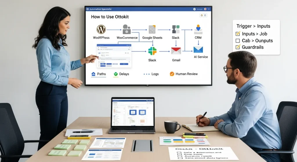 How To Use Ottokit: A Practical Setup Guide For Repeatable Automations 2 two professionals review an ottokit workflow diagram connecting wordpress to key apps