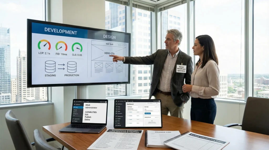 two professionals reviewing wordpress development and design support on a conference room screen