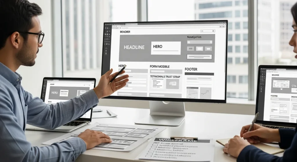 ux team reviewing a grayscale website wireframe on a monitor in office