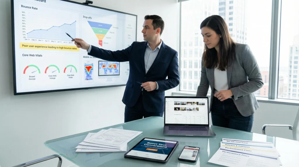 ux team reviewing analytics dashboard showing high bounce rates and site friction