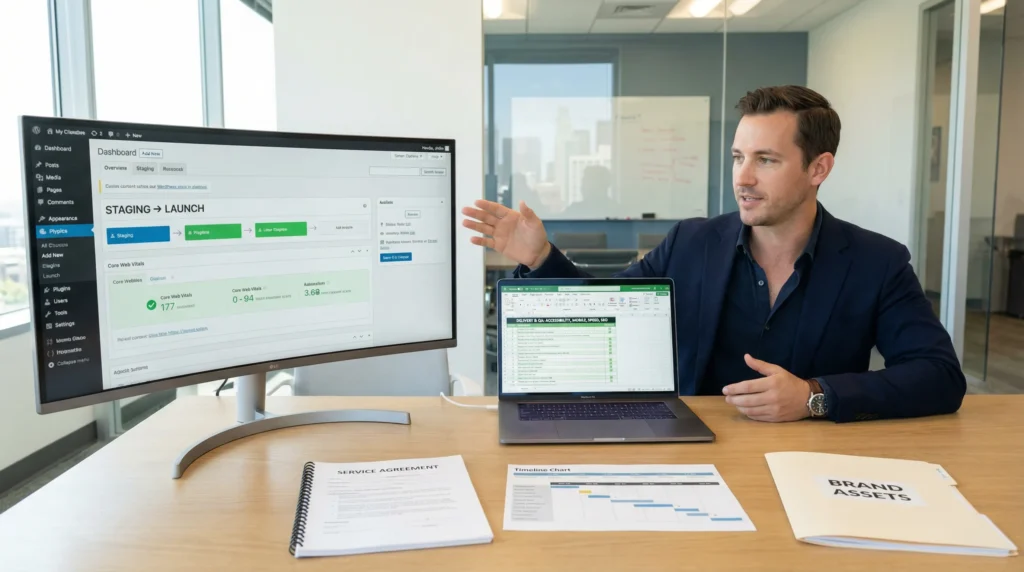 web designer presenting a wordpress project with checklist contracts and performance metrics