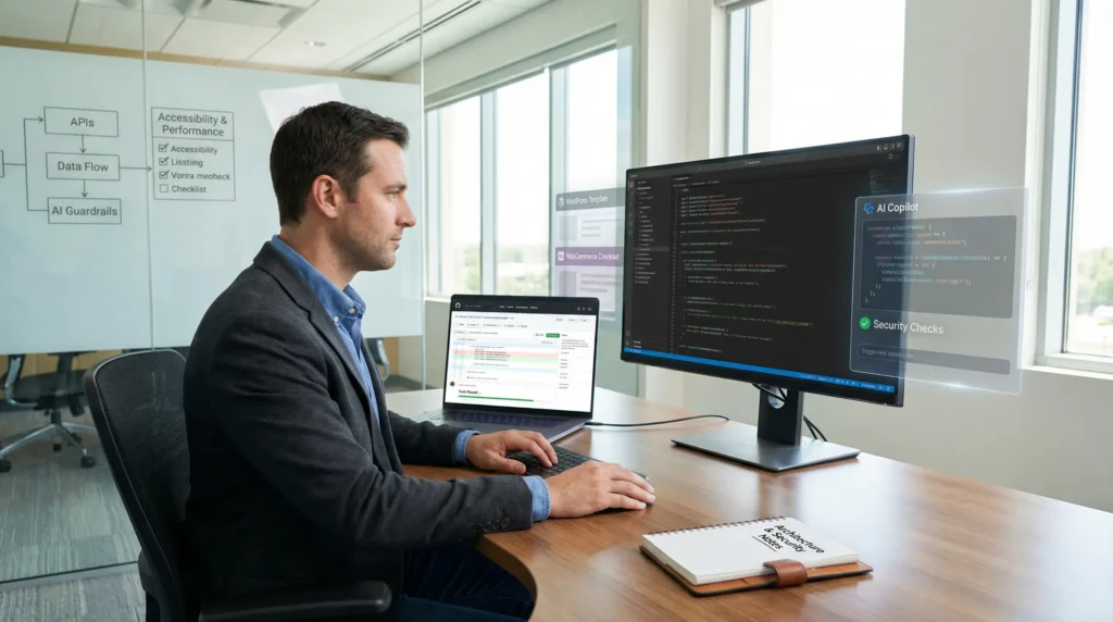 Will AI Replace Web Developers? A Practical, Safety-First Answer For 2026 2 web developer reviewing ai generated code and security checklist in a modern office