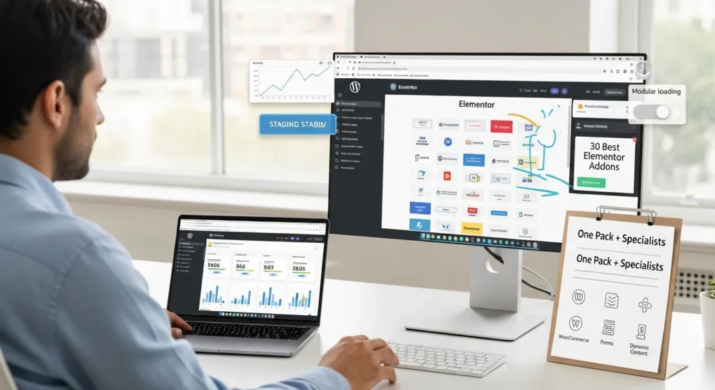 web professional reviewing elementor addon shortlist and site performance metrics at desk