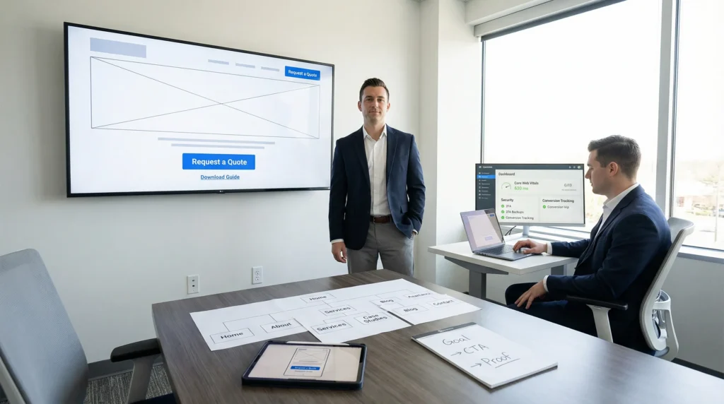 web team planning a streamlined business website with clear ctas and analytics