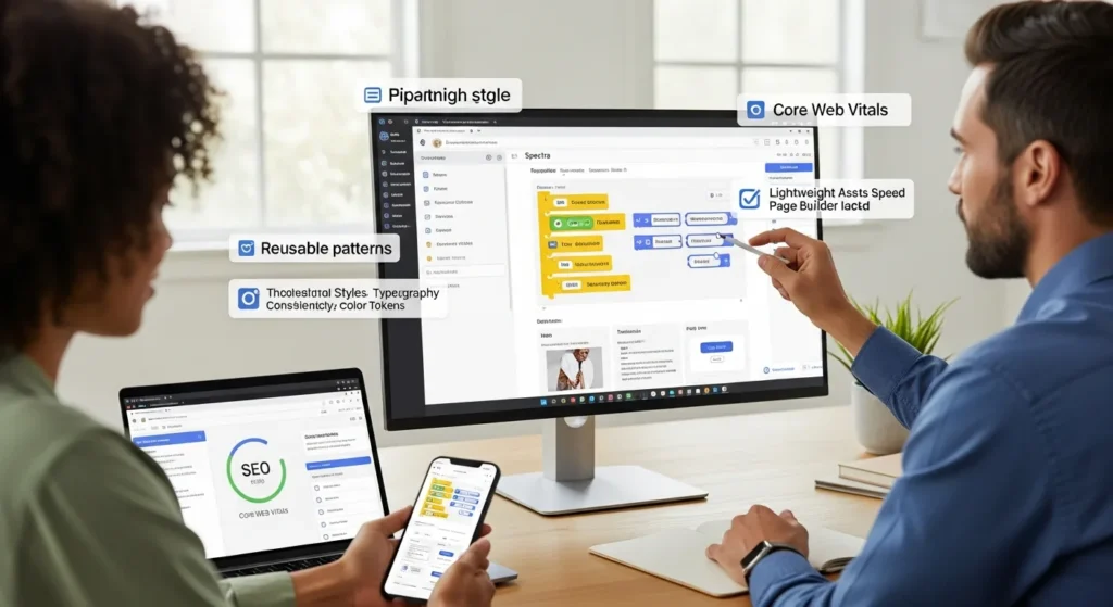 web team reviewing wordpress spectra blocks on desktop and mobile screens